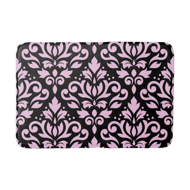 Scroll Damask Large Pattern Pink on Black Bath Mat (Front)
