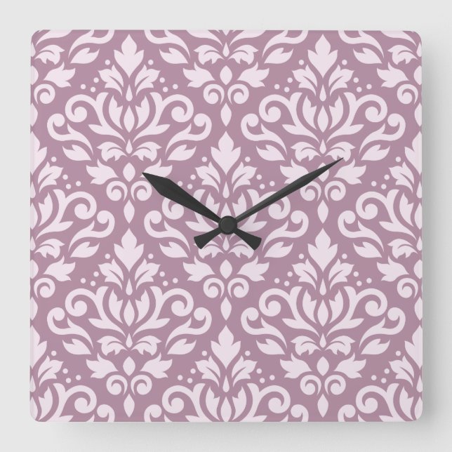 Scroll Damask Large Pattern Pink on Mauve Square Wall Clock (Front)