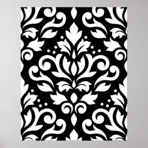 Scroll Damask Large Pattern White on Black Poster