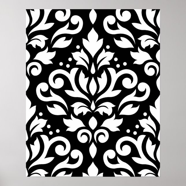 Scroll Damask Large Pattern White on Black Poster (Front)