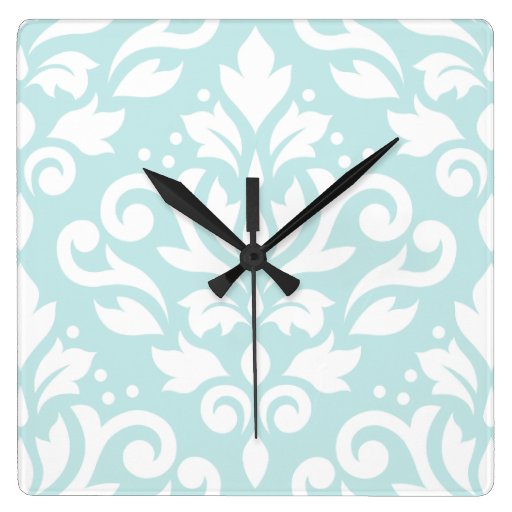 Image of Scroll Damask Lg Design White on Duck Egg Blue Square Wall Clock