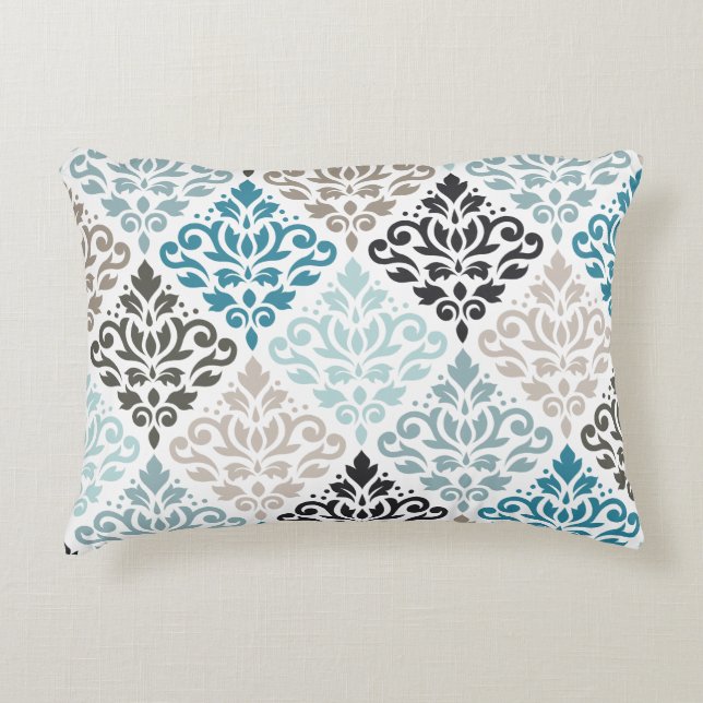 Scroll Damask Lg Pattern Art Teals Browns White Decorative Cushion (Front)