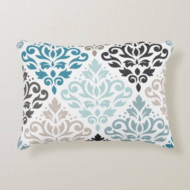 Scroll Damask Lg Pattern Art Teals Browns White Decorative Cushion (Front)