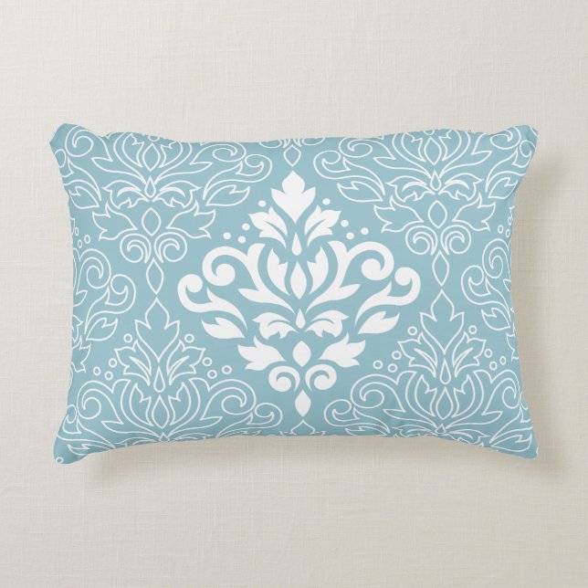 Scroll Damask Lg Pattern Mid White+Line on Blue Decorative Cushion (Front)
