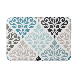 Scroll Damask Lg Pattern Teals Browns White Bath Mat