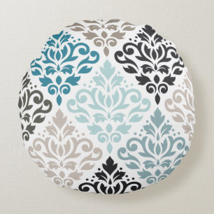 Scroll Damask Lg Pattern Teals Browns White Round Cushion
