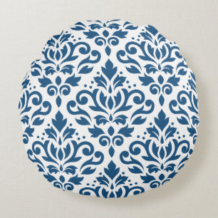 Scroll Damask Lg Ptn Dk Blue on White Round Cushion