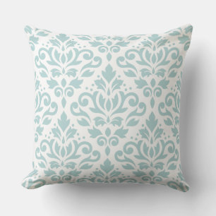 Scroll Damask Lg Ptn Duck Egg Blue (B) on White Cushion
