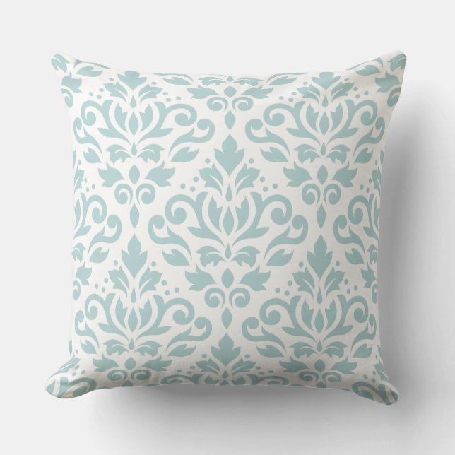 Scroll Damask Lg Ptn Duck Egg Blue (B) on White Cushion (Front)