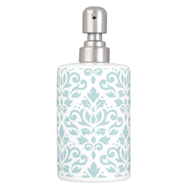 Scroll Damask Lg Ptn Duck Egg Blue (B) on White Soap Dispenser And Toothbrush Holder (Front)
