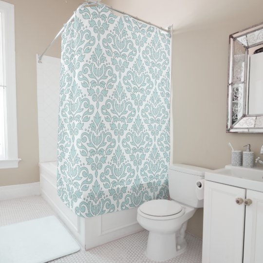 Scroll Damask Lg Ptn Grey Line Duck Egg Blue Wt Shower Curtain Zazzle Co Uk Scroll Damask Lg Ptn Grey Line Duck Egg, Duck Shower Curtain Uk