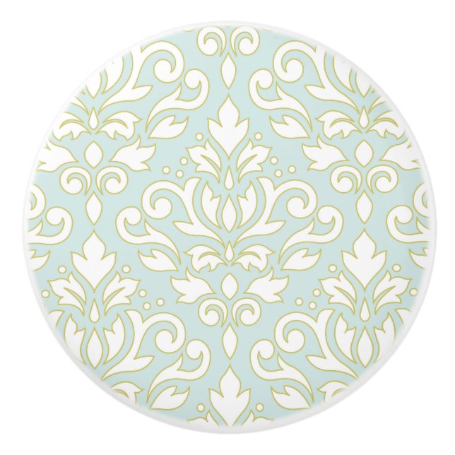 Scroll Damask Lg Ptn (outline) Wt Gld Lt Teal Ceramic Knob (Front)
