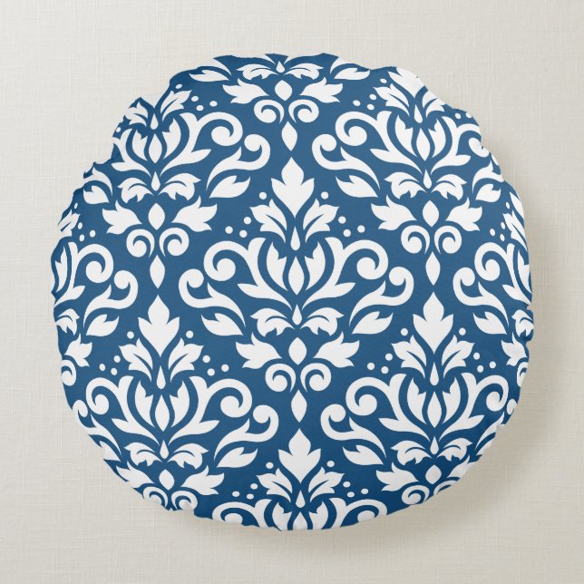 Scroll Damask Lg Ptn White on Dk Blue Round Cushion (Front)