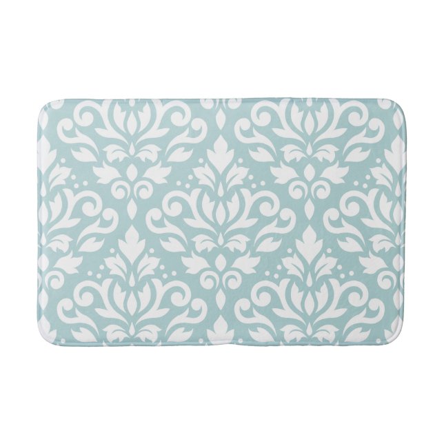 Scroll Damask Lg Ptn White on Duck Egg Blue (B) Bath Mat (Front)