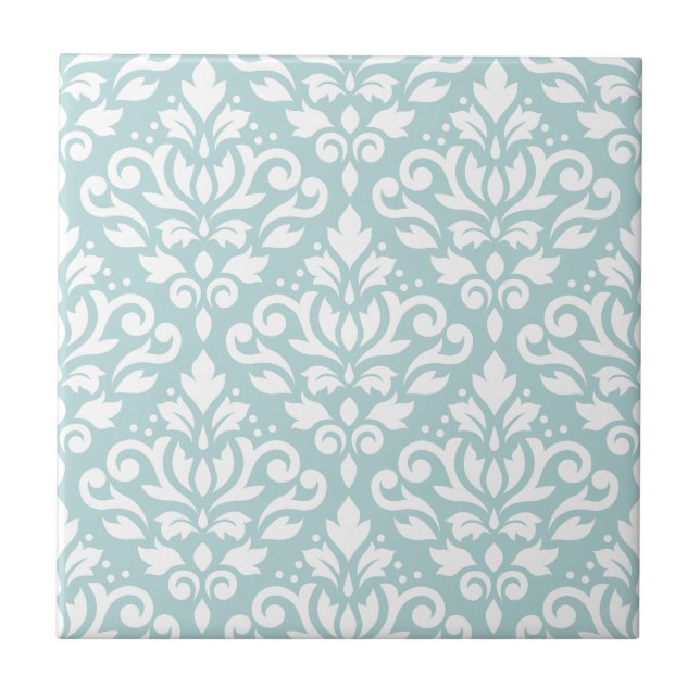 Scroll Damask Lg Ptn White on Duck Egg Blue (B) Tile (Front)