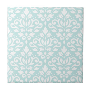Scroll Damask Lg Ptn White on Duck Egg Blue Tile