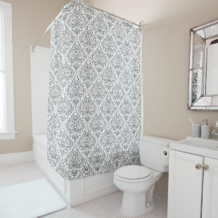 Scroll Damask Line Pattern Black on White Shower Curtain