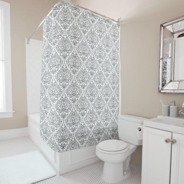 Scroll Damask Line Pattern Black on White Shower Curtain (In Situ)