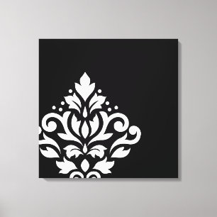 Scroll Damask Off-set I White on Black Canvas Print