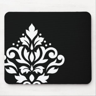 Scroll Damask Off-set I White on Black Mouse Mat