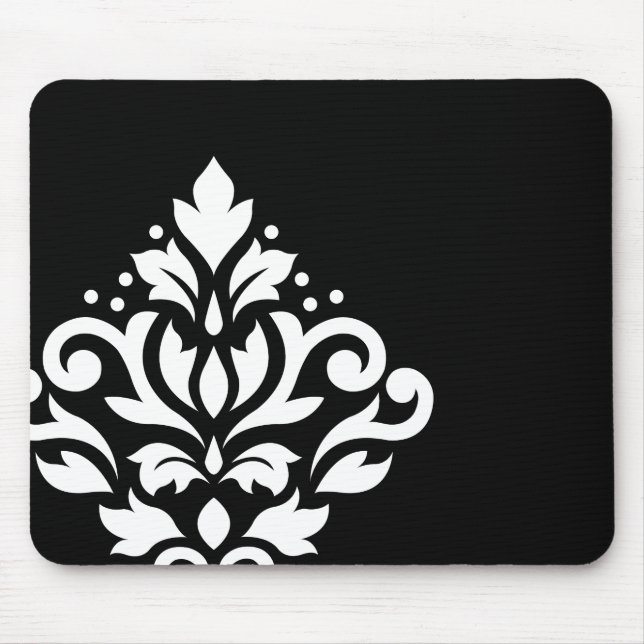 Scroll Damask Off-set I White on Black Mouse Mat (Front)