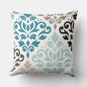 Scroll Damask Offset Ptn Art Teals Browns White Cushion