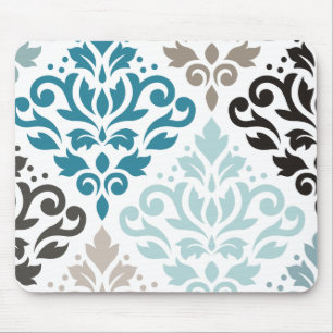 Scroll Damask Offset Ptn Art Teals Browns White Mouse Mat
