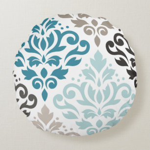 Scroll Damask Offset Ptn Art Teals Browns White Round Cushion