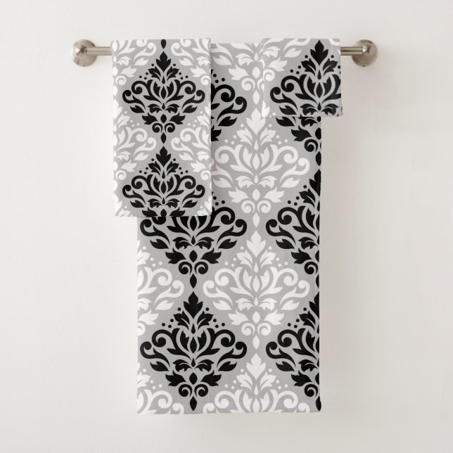 Scroll Damask Pattern B&W on Grey Bath Towel Set (Insitu)
