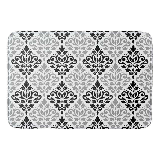 Scroll Damask Pattern Black Grey White Bath Mat (Front)