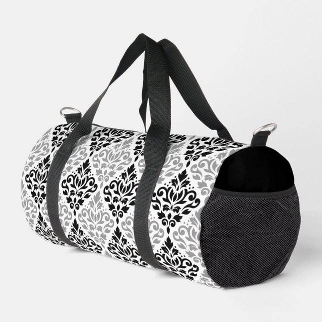 Scroll Damask Pattern Black Grey White Duffle Bag (Right Corner)