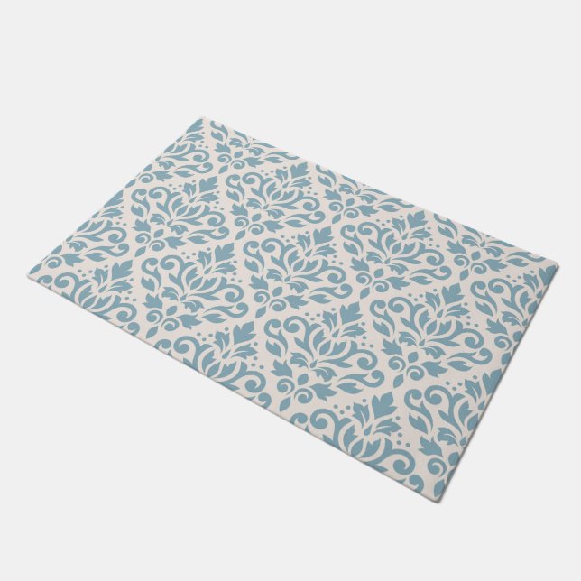 Scroll Damask Pattern Blue on Cream Doormat (Angled)