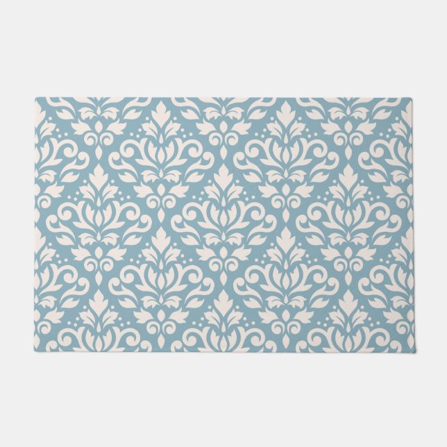 Scroll Damask Pattern Cream on Blue Doormat (Front)