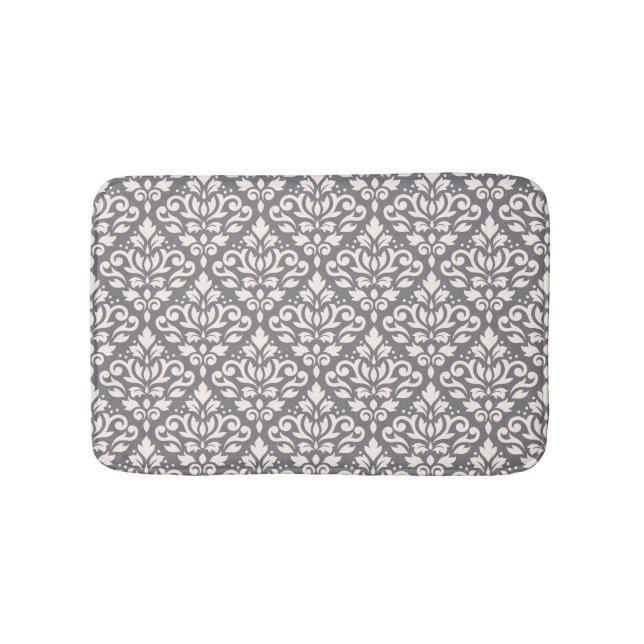 Scroll Damask Pattern Cream on Grey Bath Mat (Front)