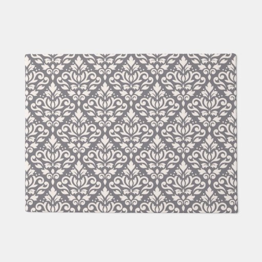 Image of Scroll Damask Pattern Cream on Grey Doormat