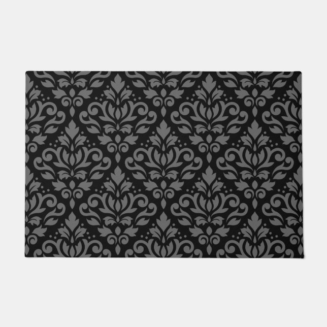 Scroll Damask Pattern Grey on Black Doormat (Front)