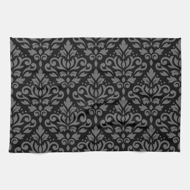 Scroll Damask Pattern Grey on Black Tea Towel (Horizontal)