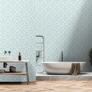 Scroll Damask Pattern Light Teal on White Wallpaper