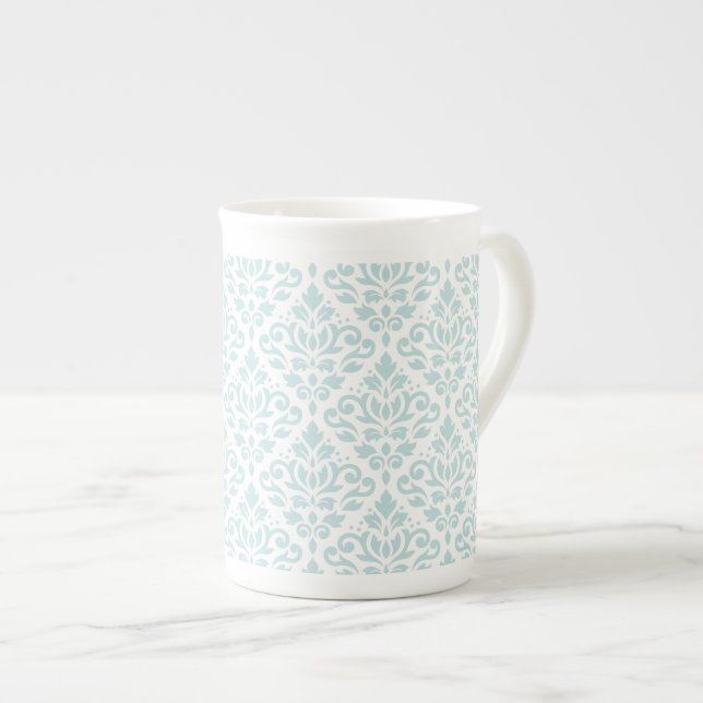 Scroll Damask Pattern Lt Duck Egg Blue on White Bone China Mug (Front Right)