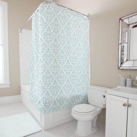 Scroll Damask Pattern Lt Duck Egg Blue On White Shower Curtain