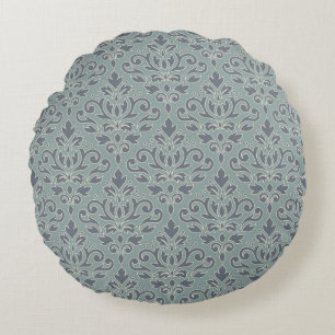 Scroll Damask Pattern (outline) Cream Blues Teal Round Cushion