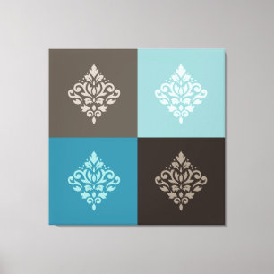 Scroll Damask Pattern Squares Teals Browns White Canvas Print