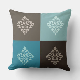 Scroll Damask Pattern Squares Teals Browns White Cushion