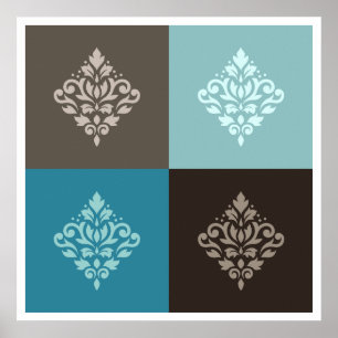 Scroll Damask Pattern Squares Teals Browns White Poster
