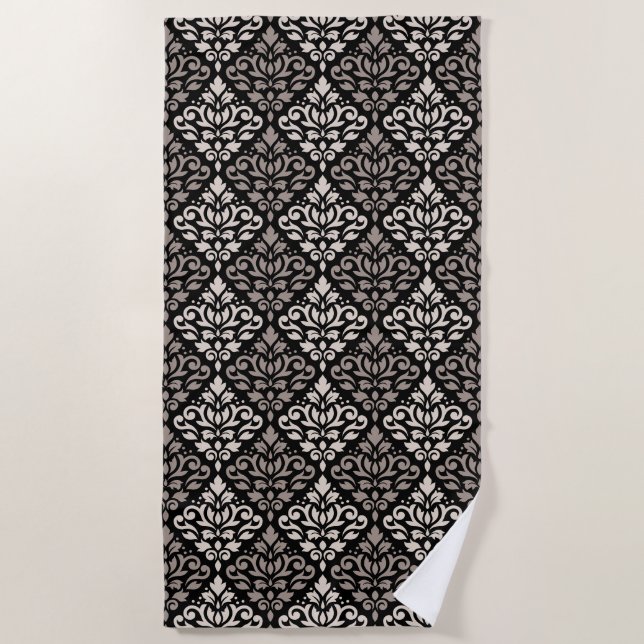 Scroll Damask Pattern Taupe Cream Black Beach Towel (Front)