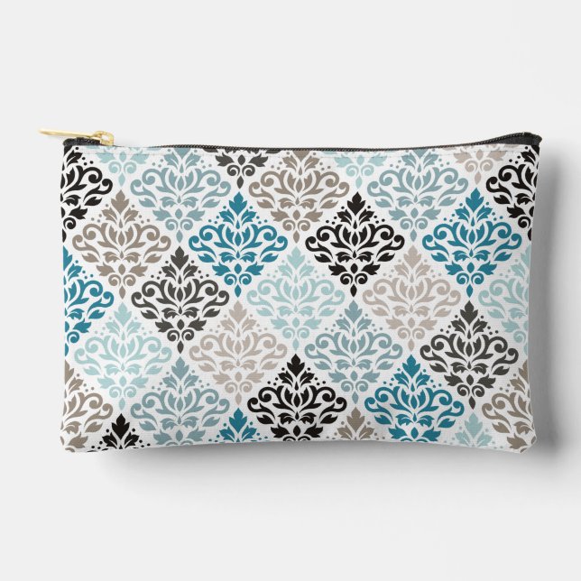 Scroll Damask Pattern Teals Browns White Accessory Pouch (Front)