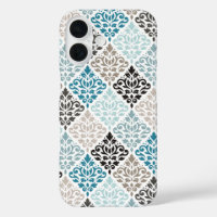 Scroll Damask Pattern Teals Browns White