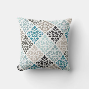 Scroll Damask Pattern Teals Browns White Cushion