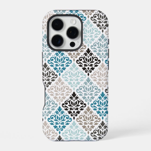 Scroll Damask Pattern Teals Browns White iPhone Case (Back)