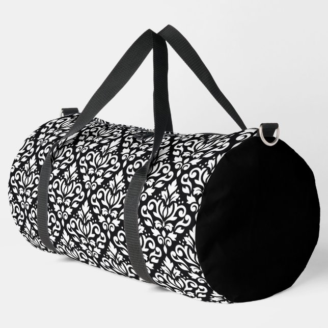 Scroll Damask Pattern White on Black Duffle Bag (Left Corner)